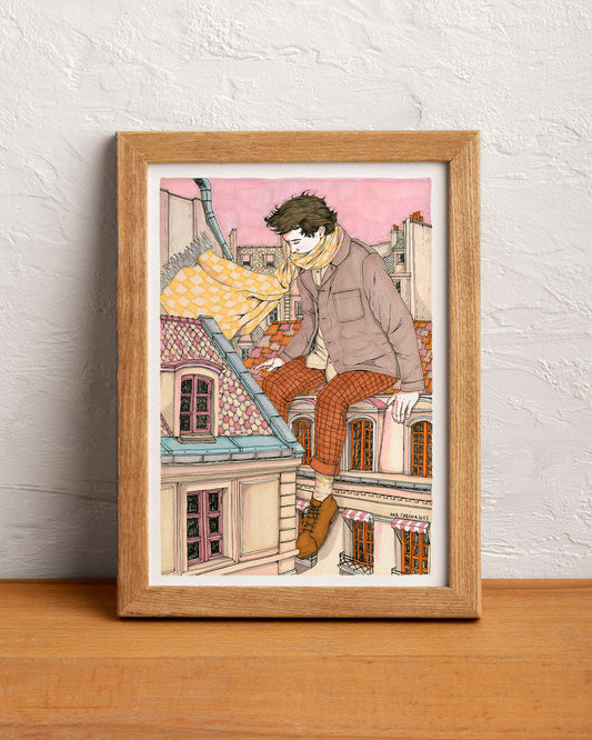 City viewed from above, with rooftops, chimneys and façades, illustrated print by Ana Jarén