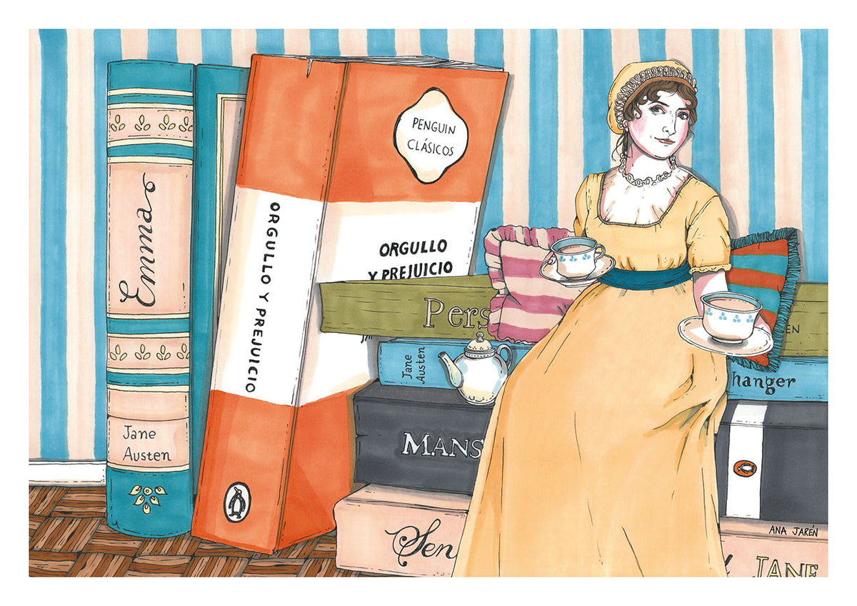 Jane Austen appears surrounded by books and references to her literary world, turning reading and writing into the heart of the scene, illustrated print by Ana Jarén