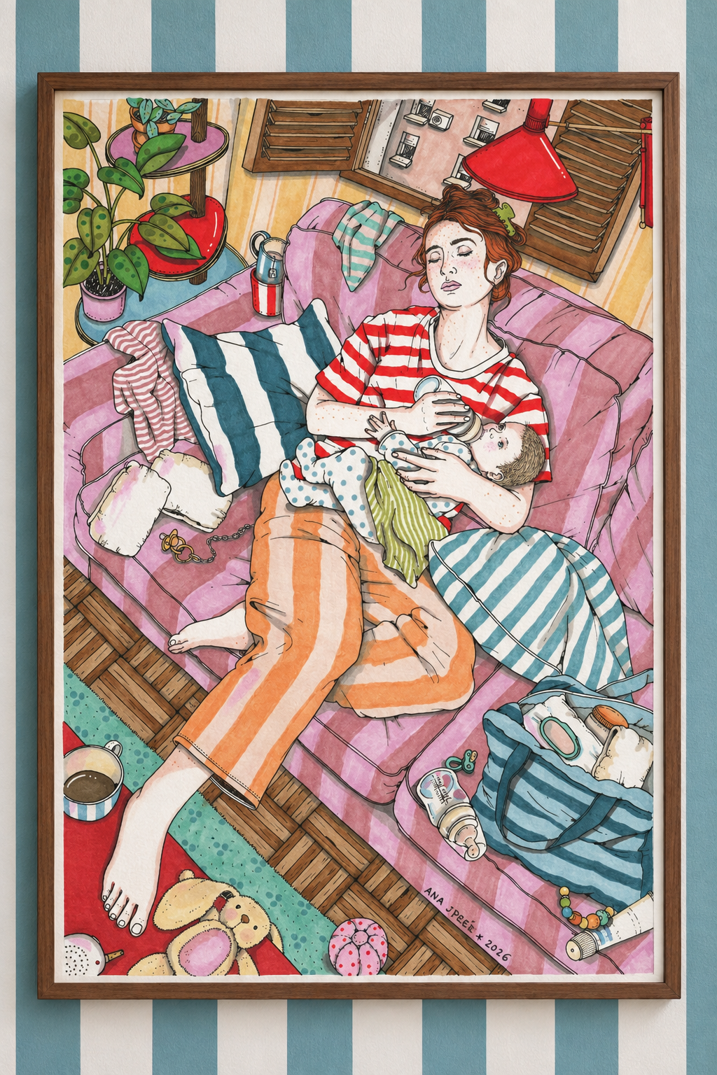 Framed print Bottle Time art print by Ana Jarén framed in wood and displayed on a blue and white striped wall.
