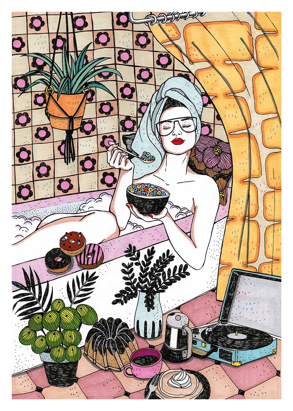 An unexpected scene mixes a relaxing bath with a bowl of cereal, turning an everyday moment into something playful and slightly absurd, XL illustrated print by Ana Jarén