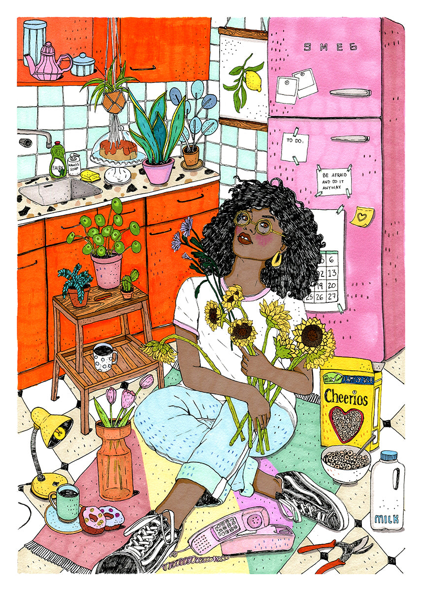 A sunflower takes centre stage in a bright composition where the shape of the flower and its colour create a direct, cheerful image full of energy, XL illustrated print by Ana Jarén