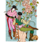 Deux figures en tenue équestre andalouse évoluent parmi de gigantesques roses roses et crème, œuvre originale d’Ana Jarén.