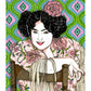 Portrait féminin avec coiffure traditionnelle, fleur rose et châle fleuri à franges, œuvre originale d’Ana Jarén.