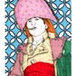 Une figure pose sous un immense chapeau rose pâle avec cigare, costume rose et vert et écharpe rouge, œuvre originale d’Ana Jarén.