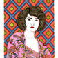 Portrait d’une femme au carré ondulé enveloppée dans un châle rose fleuri à franges, œuvre originale d’Ana Jarén.