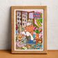 An intimate scene brings together everyday objects, memories and small details that seem to carry stories of their own, illustrated print by Ana Jarén