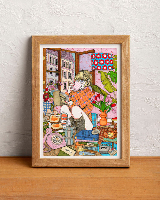 An intimate scene brings together everyday objects, memories and small details that seem to carry stories of their own, illustrated print by Ana Jarén
