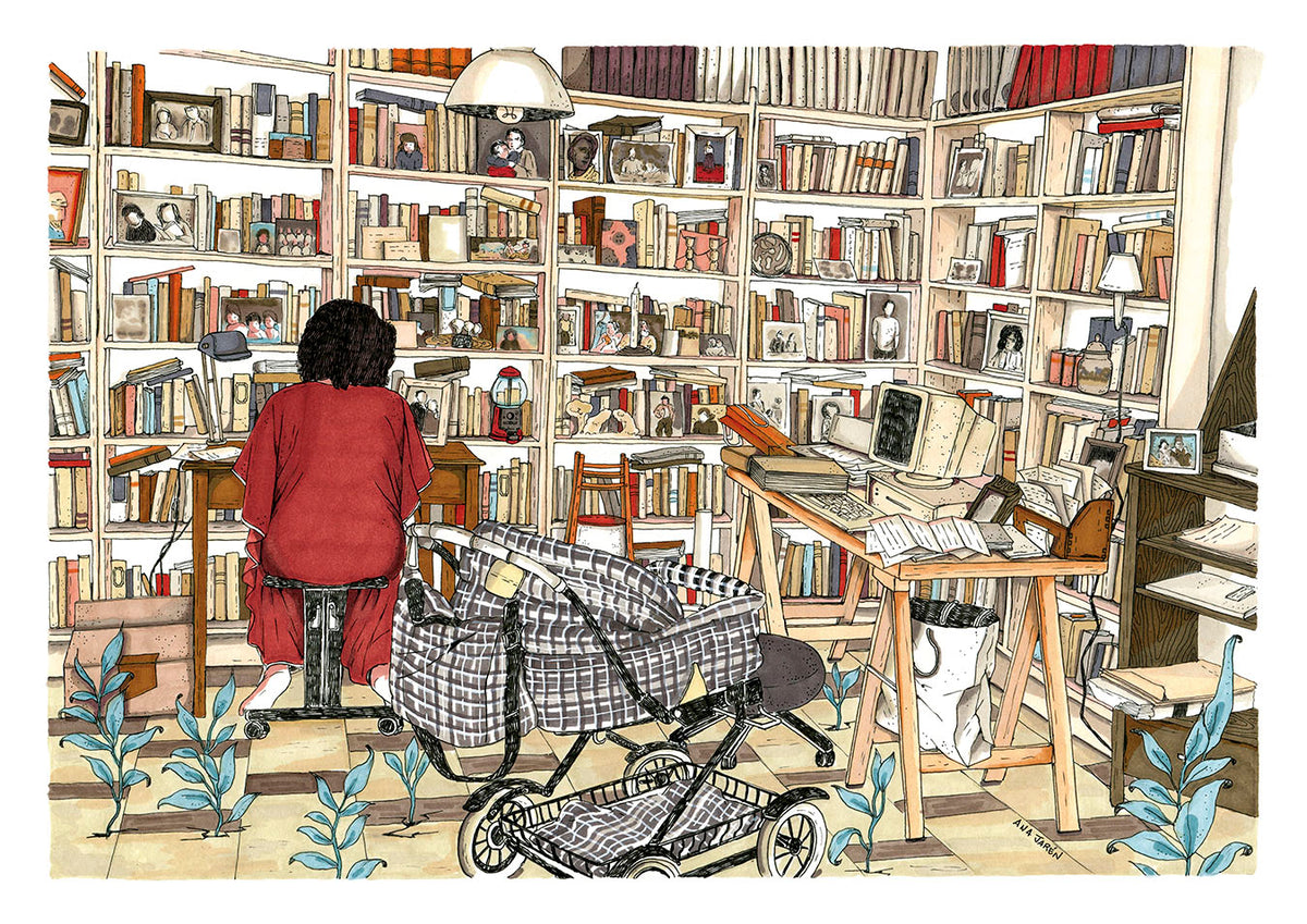 Almudena Grandes is portrayed in her study in Granada, surrounded by bookshelves and personal objects, illustrated print by Ana Jarén