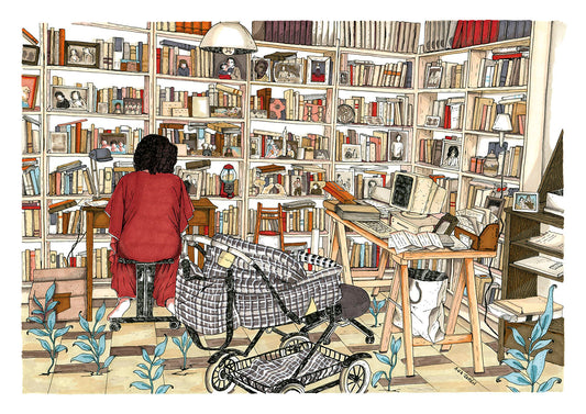 Almudena Grandes is portrayed in her study in Granada, surrounded by bookshelves and personal objects, illustrated print by Ana Jarén