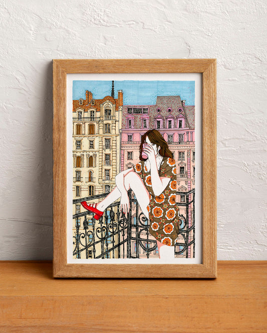 A domestic scene opens onto the outside world from a balcony, creating a small pause between home and city, illustrated print by Ana Jarén