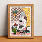 A woman enjoys a bath while breakfast becomes part of the scene, turning an everyday routine into an unexpectedly delightful moment, illustrated print by Ana Jarén