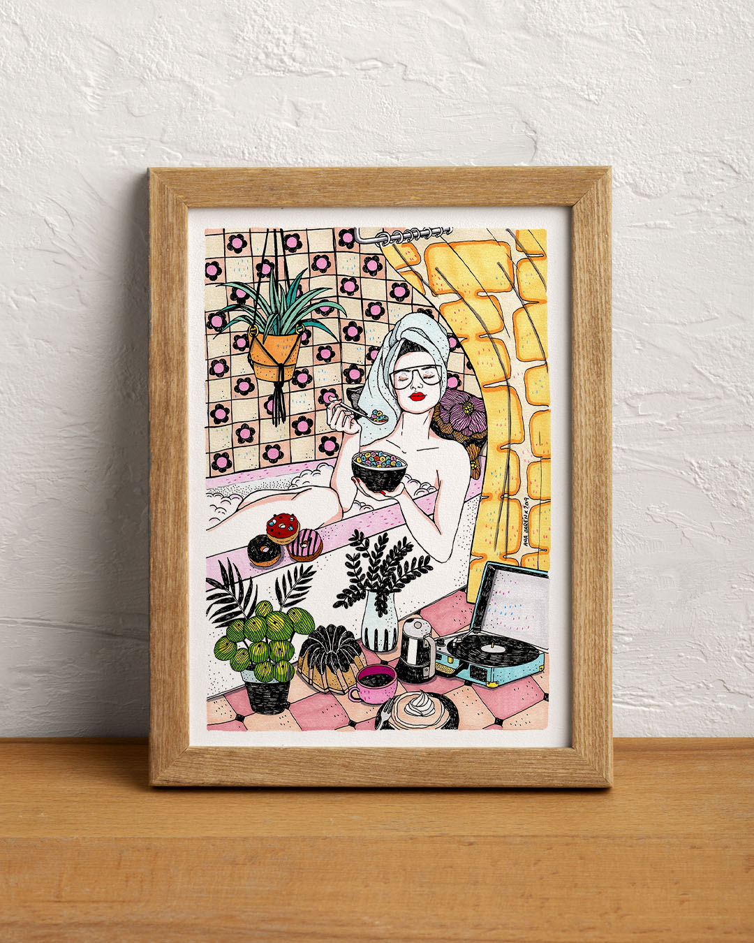 A woman enjoys a bath while breakfast becomes part of the scene, turning an everyday routine into an unexpectedly delightful moment, illustrated print by Ana Jarén