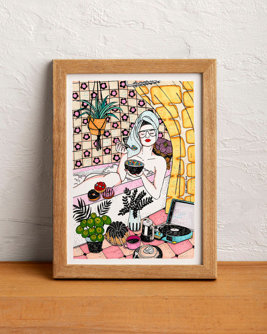 A woman enjoys a bath while breakfast becomes part of the scene, turning an everyday routine into an unexpectedly delightful moment, illustrated print by Ana Jarén