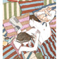 Persona disfrutando de la cama con un libro, algo para comer y un gato cerca, lámina ilustrada de Ana Jarén