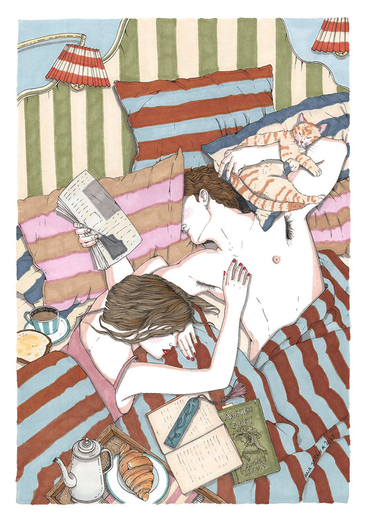 A couple enjoying bed with a book, something to eat and a cat nearby, illustrated print by Ana Jarén