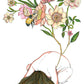 Bees move among flowers in a lively composition full of colour and movement, illustrated print by Ana Jarén