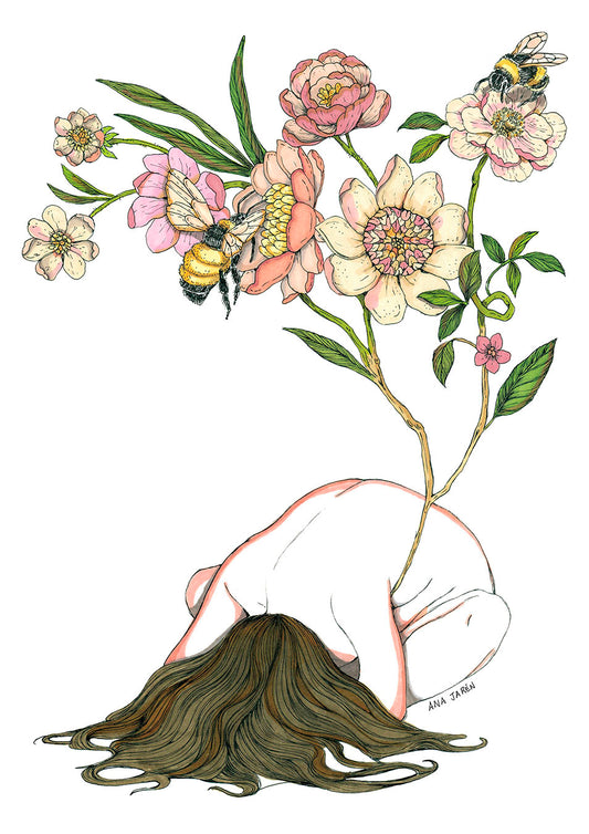 Bees move among flowers in a lively composition full of colour and movement, illustrated print by Ana Jarén