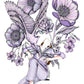 A female figure is surrounded by flowers and greenery in a composition about growth and transformation, illustrated print by Ana Jarén