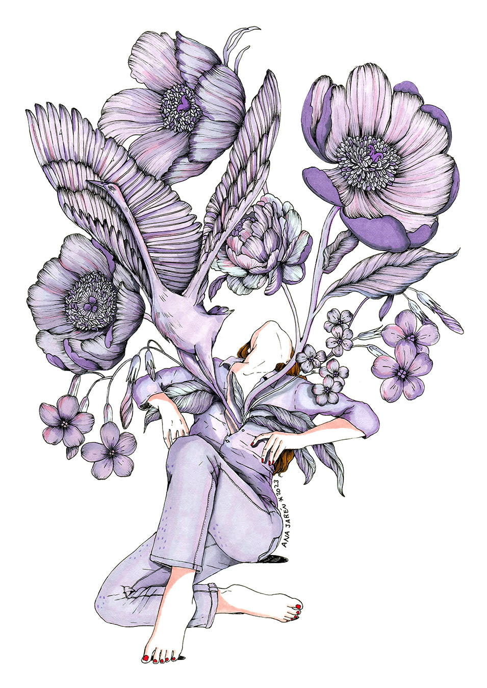 A female figure is surrounded by flowers and greenery in a composition about growth and transformation, illustrated print by Ana Jarén