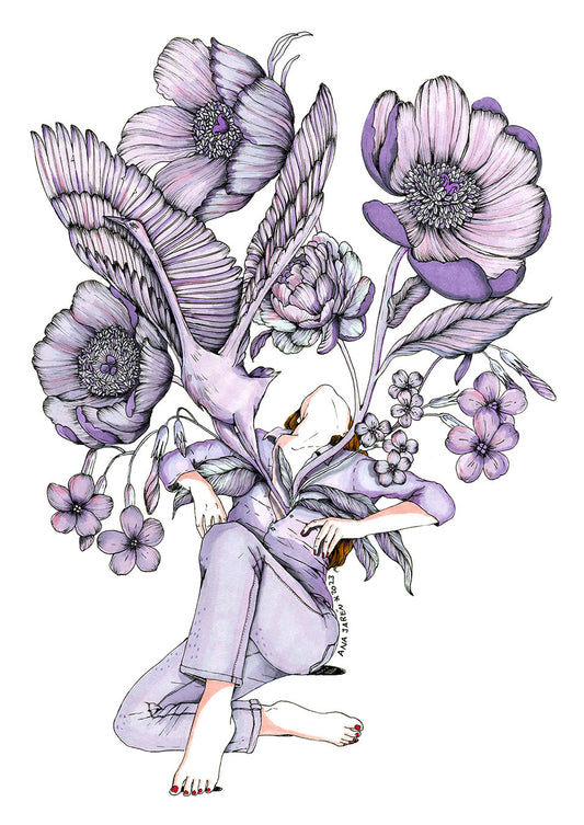 A female figure is surrounded by flowers and greenery in a composition about growth and transformation, illustrated print by Ana Jarén