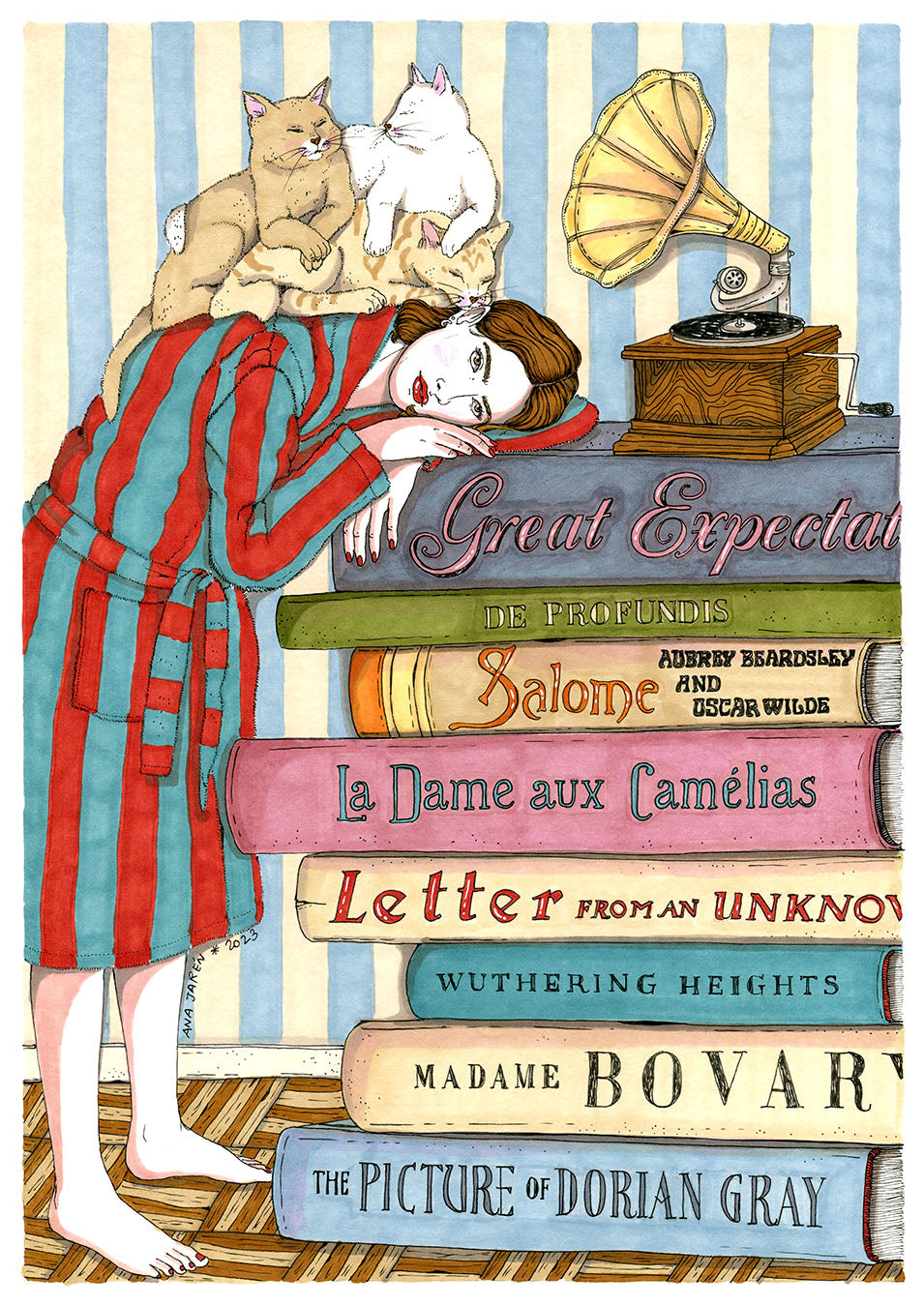 Libros y gatos comparten protagonismo en una escena doméstica hecha para quienes disfrutan de leer sin prisa, lámina ilustrada de Ana Jarén