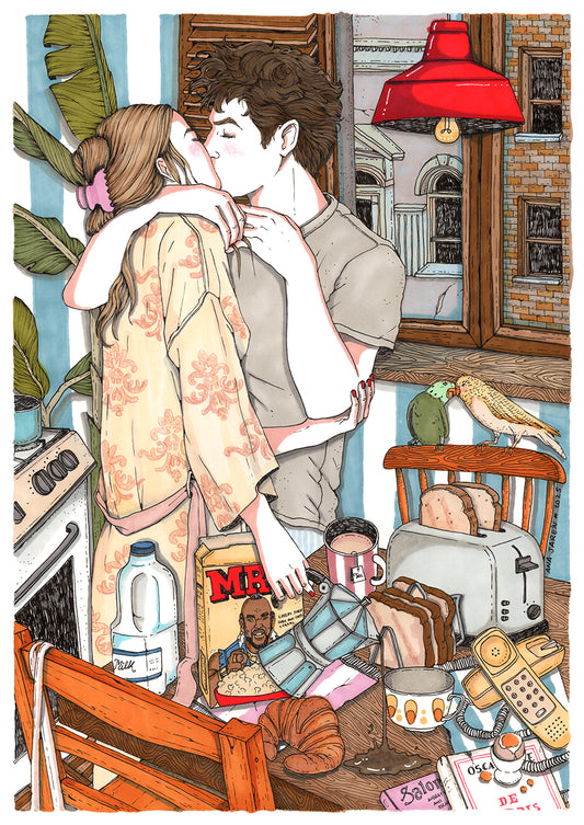 Couple sharing a relaxed breakfast at home, illustrated print by Ana Jarén