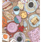 Mesa preparada para un brunch largo y relajado, llena de comida y pequeños detalles, lámina ilustrada de Ana Jarén.