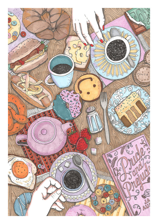Table set for a long, relaxed brunch, filled with food and little details, illustrated print by Ana Jarén