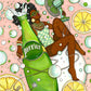 Une femme noire est allongée contre une bouteille géante de Perrier, entourée de bulles, de citron et d’un éventail, œuvre originale d’Ana Jarén.