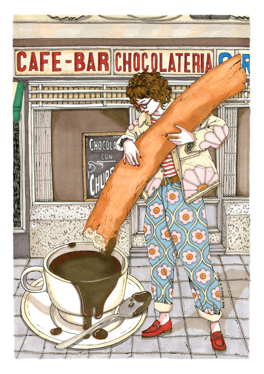 Churros and hot chocolate in a playful Spanish-inspired scene, illustrated print by Ana Jarén
