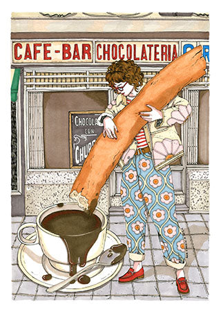 Una escena divertida dedicada al placer de compartir churros y chocolate, con ese aire de desayuno especial y pequeño ritual que invita a disfrutar sin prisas, lámina XL ilustrada de Ana Jarén