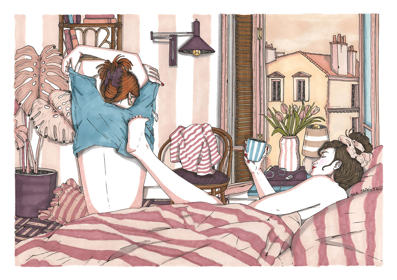 Pareja compartiendo un momento íntimo y tranquilo en la cama, lámina ilustrada de Ana Jarén