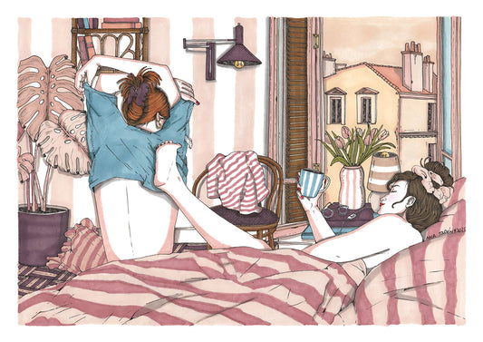 Couple sharing an intimate, quiet moment in bed, illustrated print by Ana Jarén