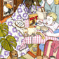 Trois femmes partagent un petit-déjeuner très animé avec livres, céréales, fruits, café et animaux, œuvre originale d’Ana Jarén.