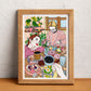 A young woman is lost in her thoughts, surrounded by elements that seem to belong to an imagined world, illustrated print by Ana Jarén