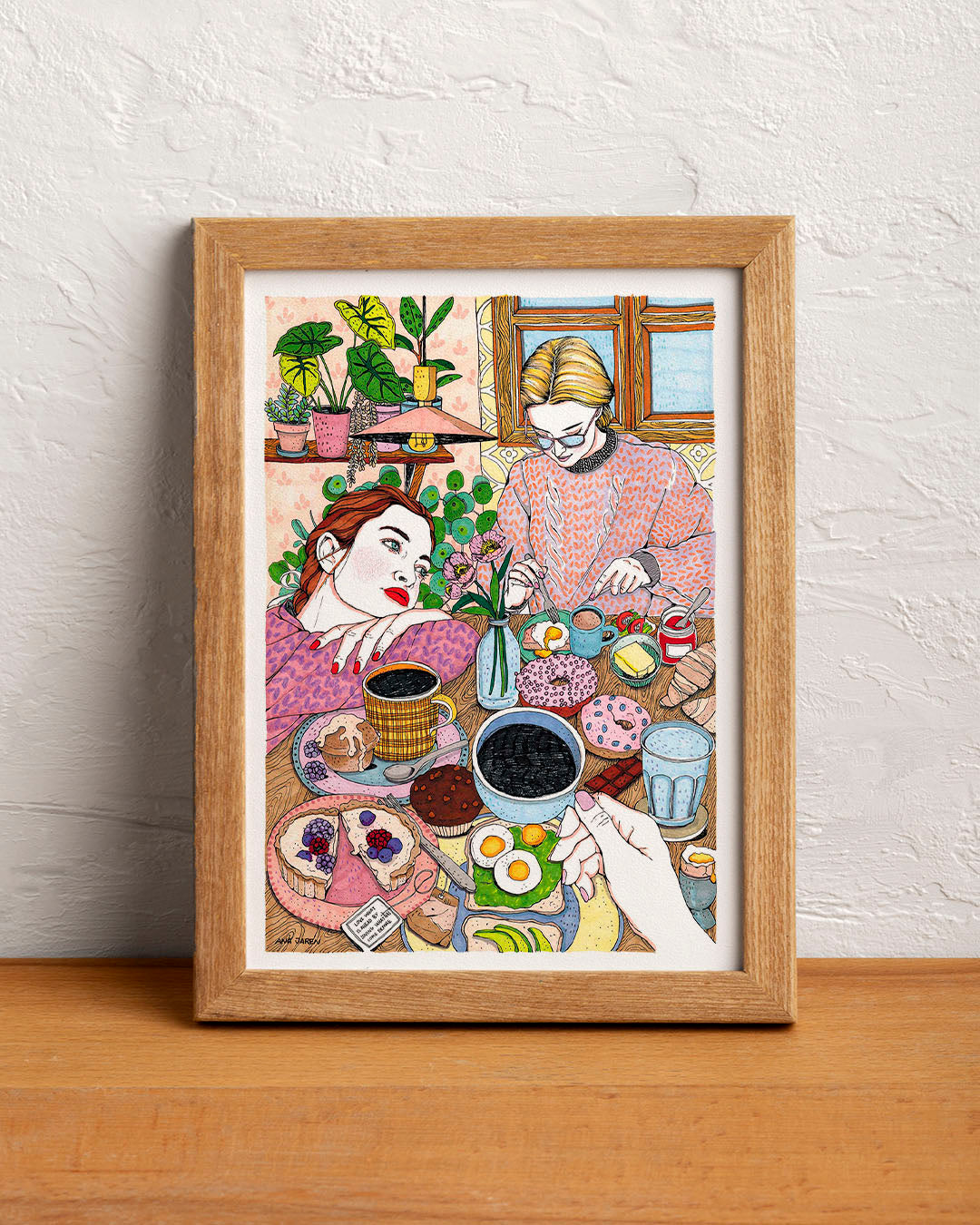 A young woman is lost in her thoughts, surrounded by elements that seem to belong to an imagined world, illustrated print by Ana Jarén