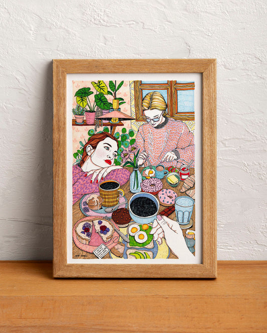 A young woman is lost in her thoughts, surrounded by elements that seem to belong to an imagined world, illustrated print by Ana Jarén