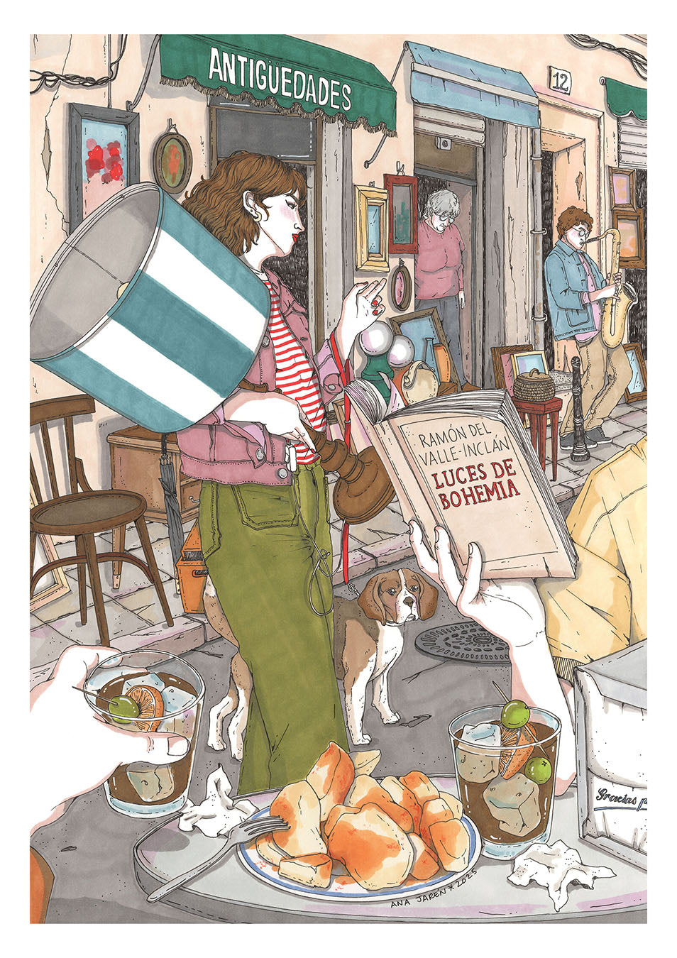 Puestos y objetos del Rastro de Madrid en una escena urbana llena de detalles, lámina ilustrada de Ana Jarén