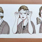 Trois portraits successifs montrent une femme d’abord les yeux bandés, puis retirant le tissu et enfin regardant à visage découvert, œuvre originale d’Ana Jarén.