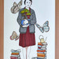 María de Maeztu se tient entre des piles de livres avec une jeune plante dans les mains, entourée de papillons, œuvre originale d’Ana Jarén.