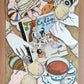 Des enfants prennent le goûter parmi jouets et pâtisseries avec un exemplaire de Celia d’Elena Fortún, œuvre originale d’Ana Jarén.