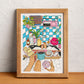 An everyday bathroom scene becomes a small portrait of domestic intimacy, illustrated print by Ana Jarén
