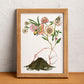 Bees move among flowers in a lively composition full of colour and movement, illustrated print by Ana Jarén