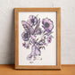 A female figure is surrounded by flowers and greenery in a composition about growth and transformation, illustrated print by Ana Jarén