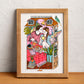 A couple share a generous breakfast surrounded by plants, birds, books and pastries, illustrated print by Ana Jarén
