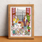 A lively Madrid street scene brings together architecture, people and small details of the city, illustrated print by Ana Jarén
