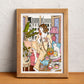 A woman enjoys breakfast while talking to a friend on the phone, with her cat nearby, illustrated print by Ana Jarén