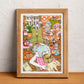 A woman enjoys a peaceful nap while a cat shares the space, illustrated print by Ana Jarén