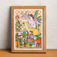 Parrots fill the scene with colour and movement, creating a lively, exuberant composition, illustrated print by Ana Jarén