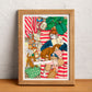 A woman enjoys a quiet moment on the sofa with her dogs, illustrated print by Ana Jarén